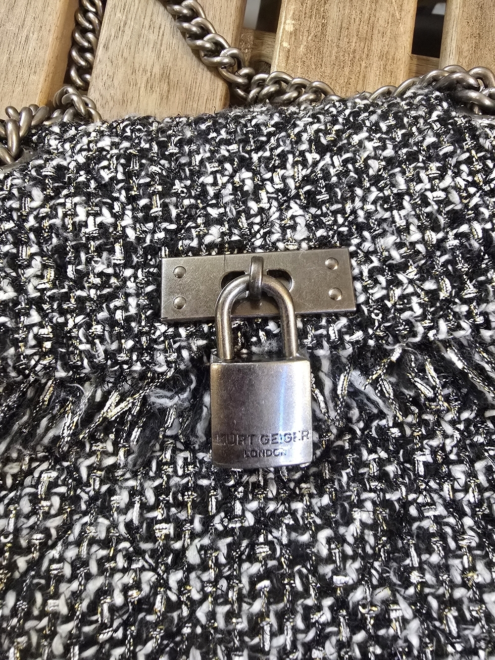Kurt Geiger Black & White Tweed Chain Crossbody with Padlock - Picture 6 of 7